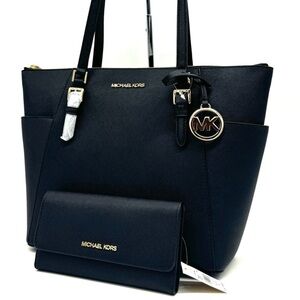 Michael Kors Large Charlotte Tote Bag & Large Trifold Wallet Black/Gold